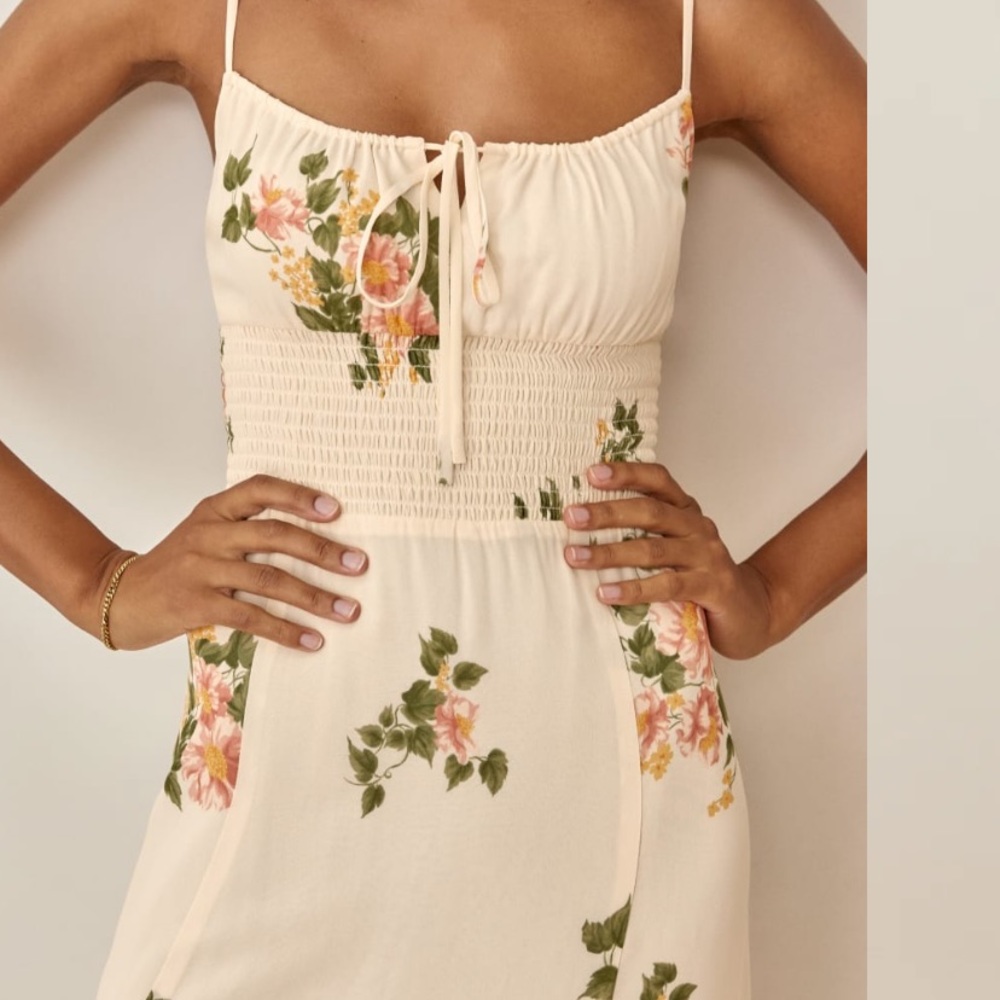Reformation Bran floral Marcona smocked waist cream midi dress - Picture 2 of 8